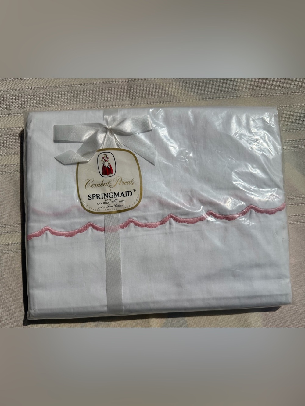 Vintage 1960s Springmaid Cotton Combed Percale Double Sheet Pink Scallop NOS USA